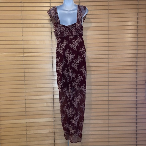 WAYF Marie Burgundy Floral Print Ruched Lace Ruffle Maxi Sheath Dress - Picture 9 of 12
